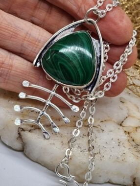 Sterling Silver Pendant Silver Chain Necklace 925 Large Natural Malachite